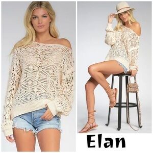 Elan crochet knit off the shoulder sweater.  Lightweight sheer summer boho